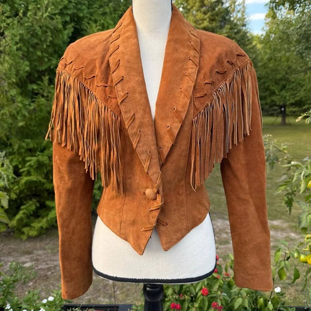Vintage Phoenix USA Tan Fringed Women's Genuine Pig Split Jacket Blazer Medium - Picture 2 of 16